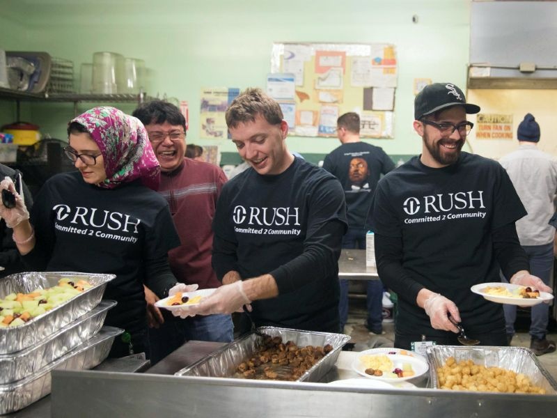 Rush University students helping out in a kitchen on MLK Day.